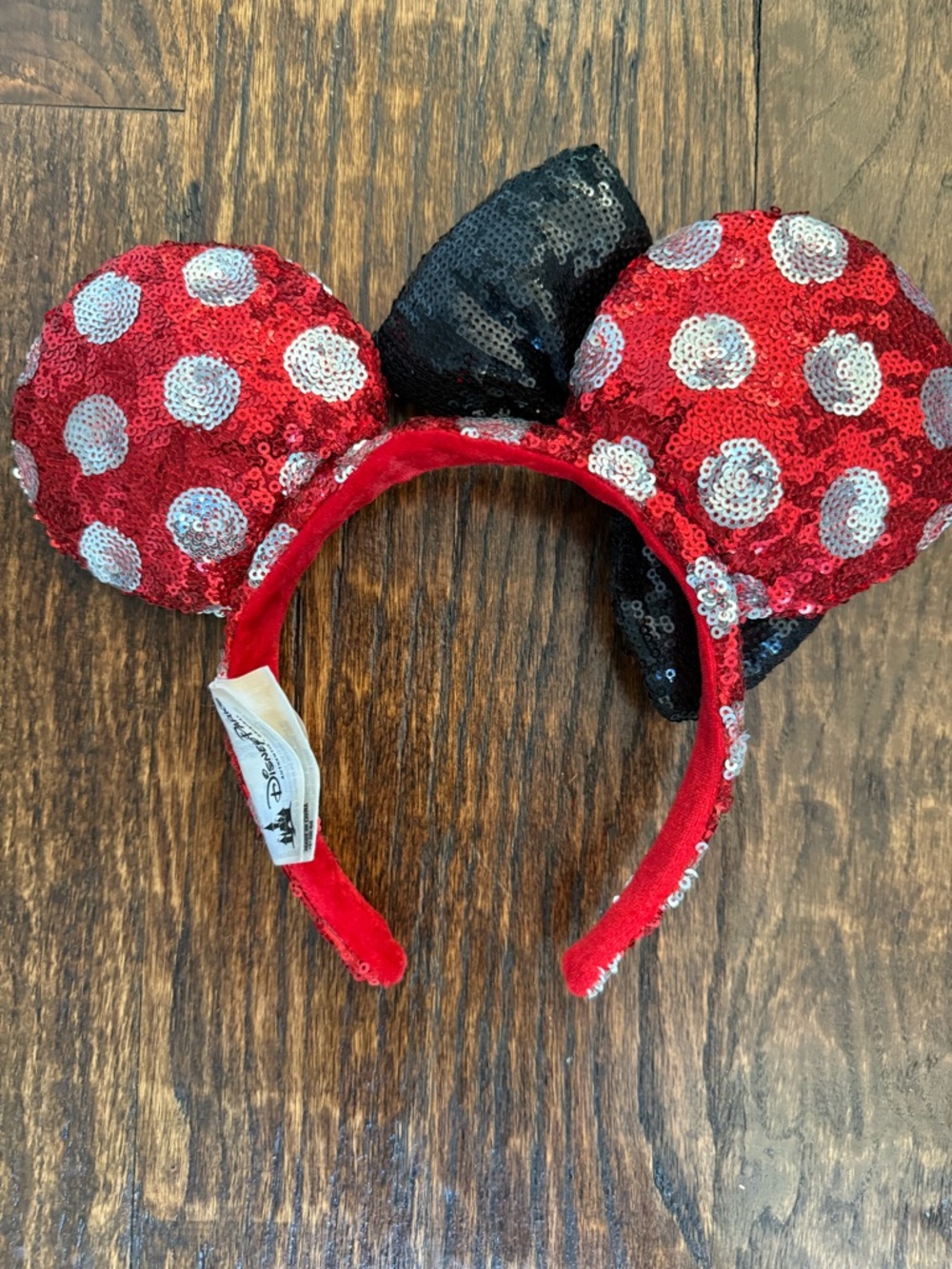 Disney Red Sequin Minnie Ears Headband with Silver Polka Dots and Black Bow